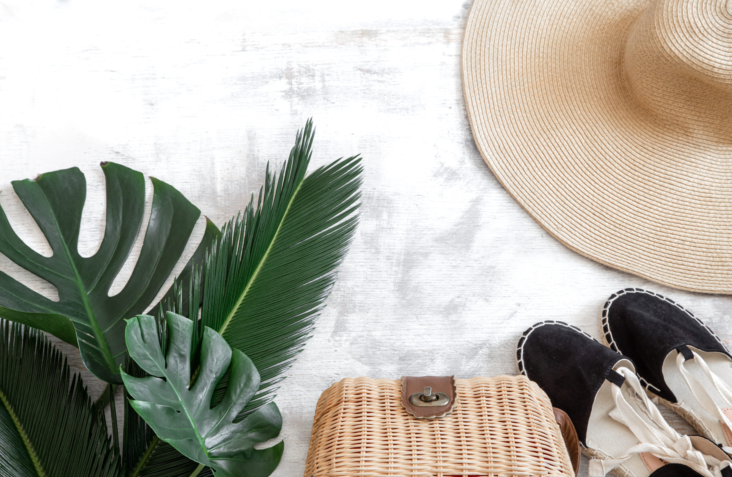 Tropical leaves on a white background with summer accessories Concept of summer vacation and recreation. Poster banner, postcard template.